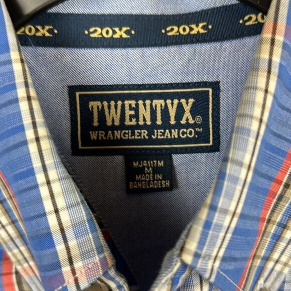 Wrangler 20X Button Front Shirt Mens Sz M Short Sleeve Plaid Blue Red White USA - Picture 5 of 7